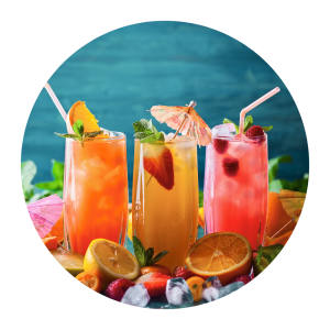 a set of 3 drinks , first orange juice , second strawberry, and third is raspberry