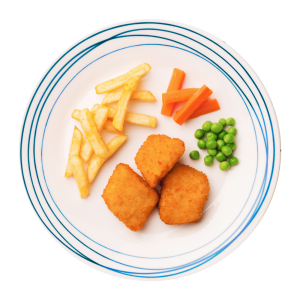 kids meal that has a little portion of carrots and peas , 3 chicken nuggets and a portion of fries
